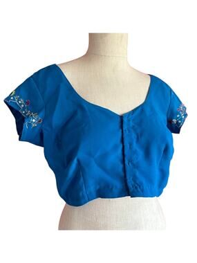 Womens Top Size Medium Blue Handmade Detailed Embroidery Crop Open Back Handsew